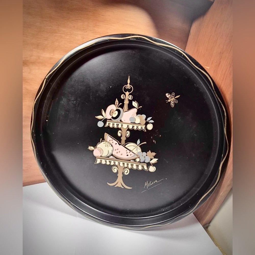 Tin Tray by Nashco - Retro Black Tin Platter Fruit Dragonfly Art by Melissa MCM